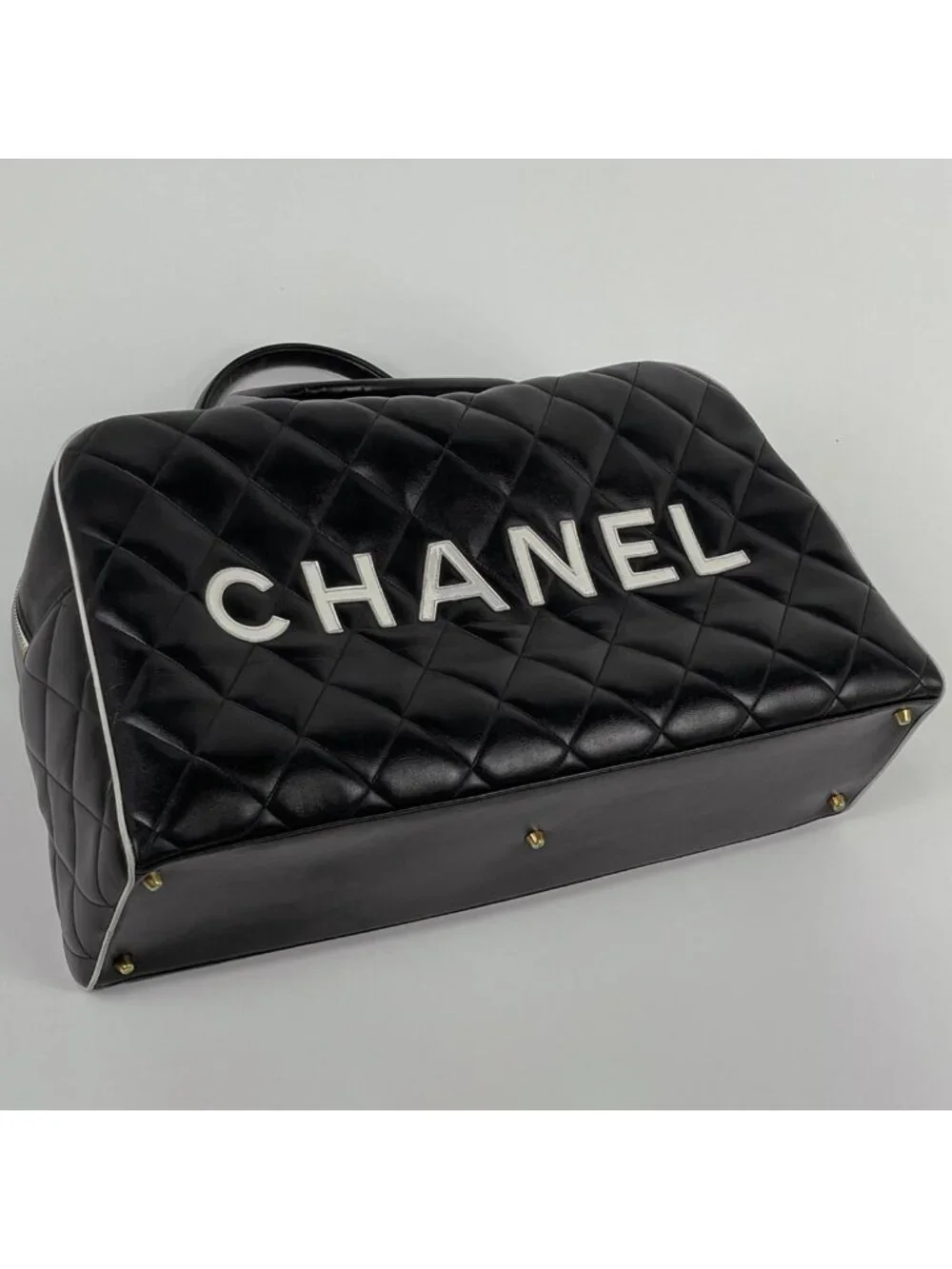 Chanel Boston Bag Quilted Leather Black White
